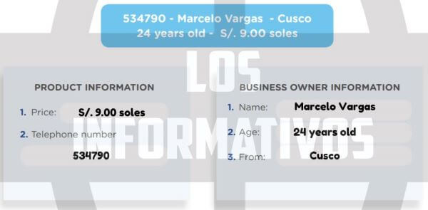 Step 2: Complete the information about the product and about the business owner. Use the information from the box! 534790 - Marcelo Vargas - Cusco 24 years old - S/. 9.00 soles