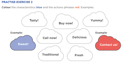 PRACTISE-EXERCISE 2 Colour the characteristics blue and the actions phrases red. Examples: PRACTISE-EXERCISE 3 Match the elements in an advertisement. Tasty! Traditional Delicious Yummy! Sweet! Buy now! Call now! Fresh Contact