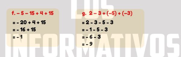 Calcular la respuesta de: 5 + (–3) – 6 Calcular la respuesta de: 14 + (–9) + (–9) Calcular la respuesta de: – 1 – 3 – (–9) + (–5) Calcular la respuesta de: 17 + (–8) + (–8) Calcular la respuesta de: – 2 + (–3) + 4 – (–3) – 5 Calcular la respuesta de: – 5 – 15 + 4 + 15 Calcular la respuesta de: 2 – 3 + (–5) + (–3)
