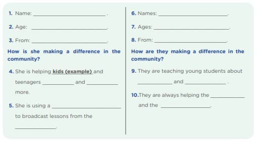 People Who Make a Difference - Activity 2: My Community - LET’S PRACTISE! - Listen to the radio and complete the sentences.