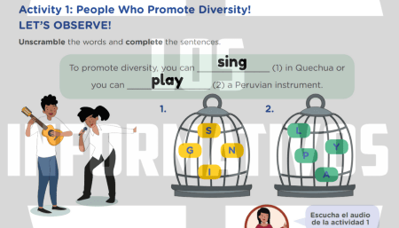 Activity 1: People Who Promote Diversity! LET’S OBSERVE! Unscramble the words and complete the sentences. To promote diversity, you can ______________ (1) in Quechua or you can ________________ (2) a Peruvian instrument.