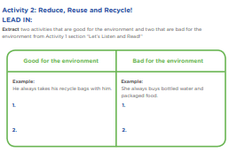 Activity 2: Reduce, Reuse and Recycle! LEAD IN: Extract two activities that are good for the environment and two that are bad for the environment from Activity 1 section “Let’s Listen and Read!”