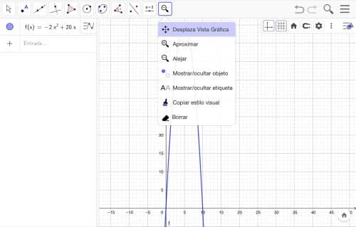 Utilizamos GeoGebra para representar gráficamente la función cuadrática, empleando el modelo obtenido en la fase de la formulación matemática. ¿Cuál es el punto máximo? ¿Qué forma tiene la gráfica?