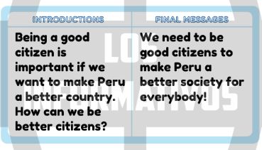 Este 2021 nuestro país celebra su bicentenario, 200 años de nuestra independencia. ¿Puedes creerlo? El Perú es un país muy rico por su biodiversidad, su cultura y sus tradiciones; y todos tenemos diferentes motivos para sentirnos orgullosas y orgullosos de él. Sin embargo, sabemos que todavía podemos mejorar como sociedad. ¿Qué acciones crees que nos ayudarían a mejorar como sociedad? ¿Podrías brindar recomendaciones para ser mejores ciudadanos? ¿Qué harías para que estas recomendaciones lleguen a una mayor cantidad de personas? Tu reto: brinda recomendaciones para ser una buena ciudadana o un buen ciudadano a través de un artículo en inglés. Step 1: Select a title for your article. Step 2: Make sentences with recommendations to be a good citizen. Use “should” and “shouldn’t”. Step 3: Decide what is your first paragraph about. Write your first paragraph. Paragraph 1: Write your topic sentence, at least 2 supporting sentences and a concluding sentence for paragraph. Step 4: Decide what is your second paragraph about. Write your second paragraph. Paragraph 2: Write your topic sentence, at least 2 supporting sentences and a concluding sentence for paragraph number 1. Step 5: Write an introduction and final message. Step 6: Organize your paragraph, use connectors like “first”, “second” or “finally”, and add pictures.