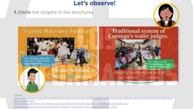 Let’s observe! Circle the slogans in the brochures